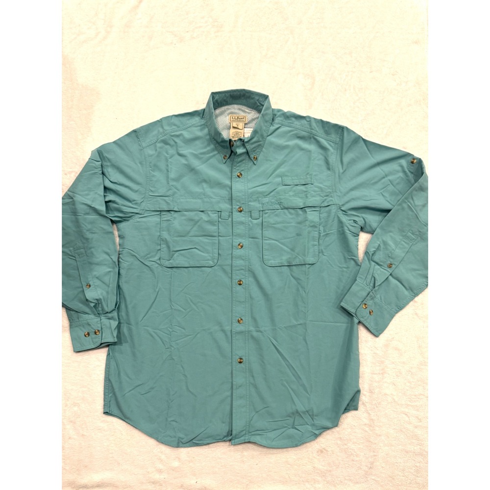 LL Bean Mens Technofine Fishing Shirt Teal Green Long Sleeve Ventilated Medium - Picture 2 of 9